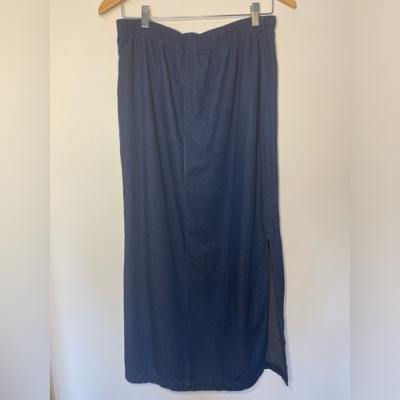 30-Leslie Fay Women Vintage Blue Denim Elastic Waist Prairie Modest Skirt Large - Picture 7 of 8
